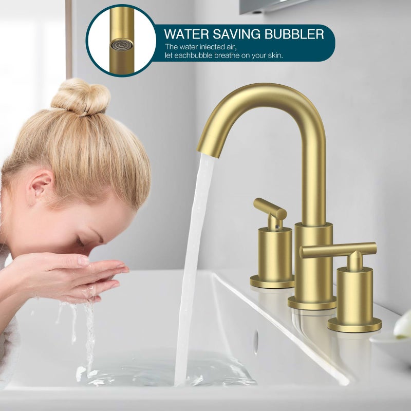 TRUSTMI Bathroom Faucet 3 Hole Brushed Gold - 8 Inch Widespread Brass Bathroom Vanity Sink Faucets in Gold with Swivel Spout, Include Overflow Drain and cUPC Supply Lines - Image 2